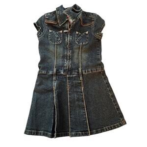 JLO Girls Denim Dress Size 4 Blue Drop Waist 1/2 Zip Pleated Short Sleeve